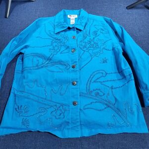 Maggie Sweet Turquoise Blue Beaded Embroidered Button Front Shirt Jacket 1X